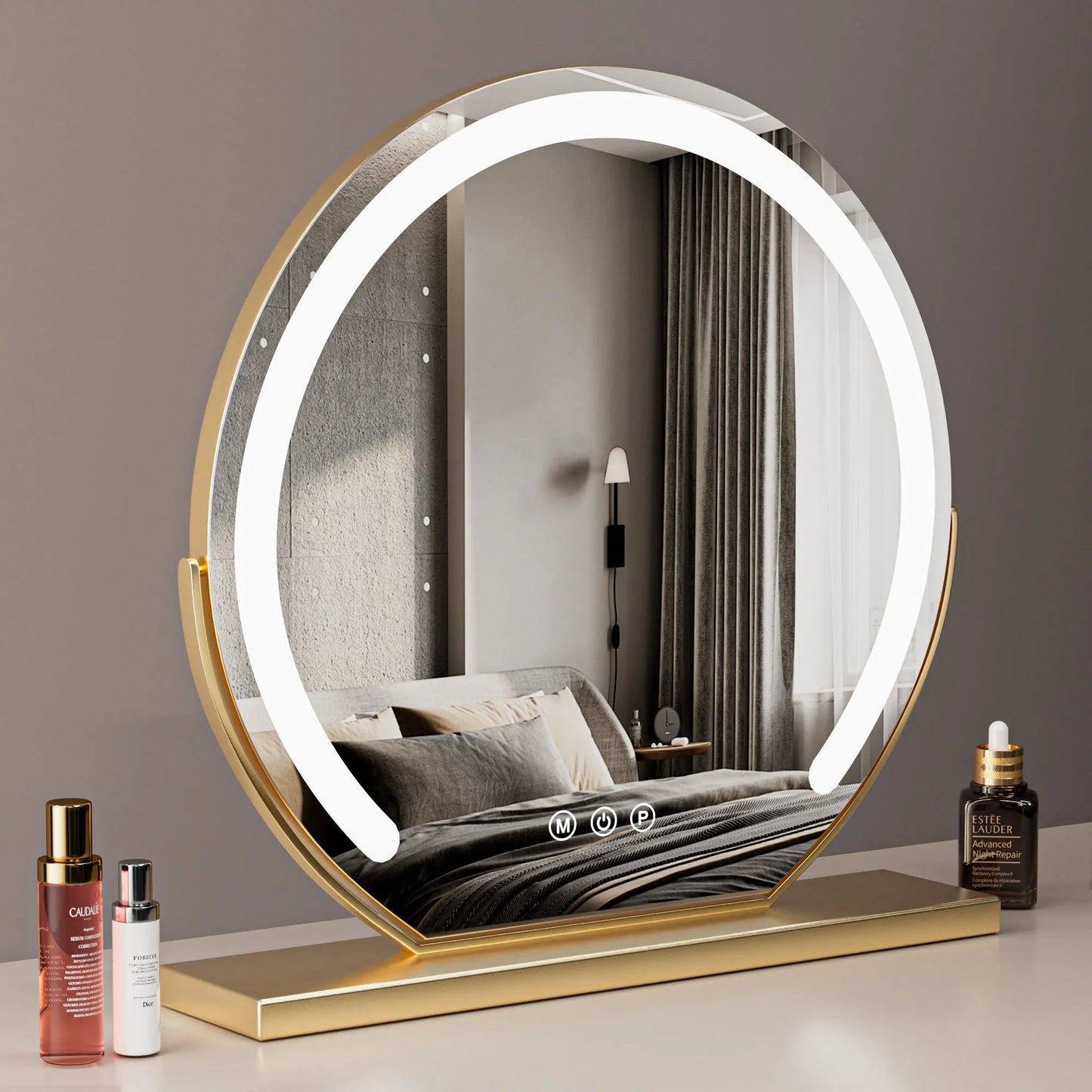 24" Round LED Makeup Vanity Mirror – 3 Light Modes, 360° Rotation, Adjustable Brightness