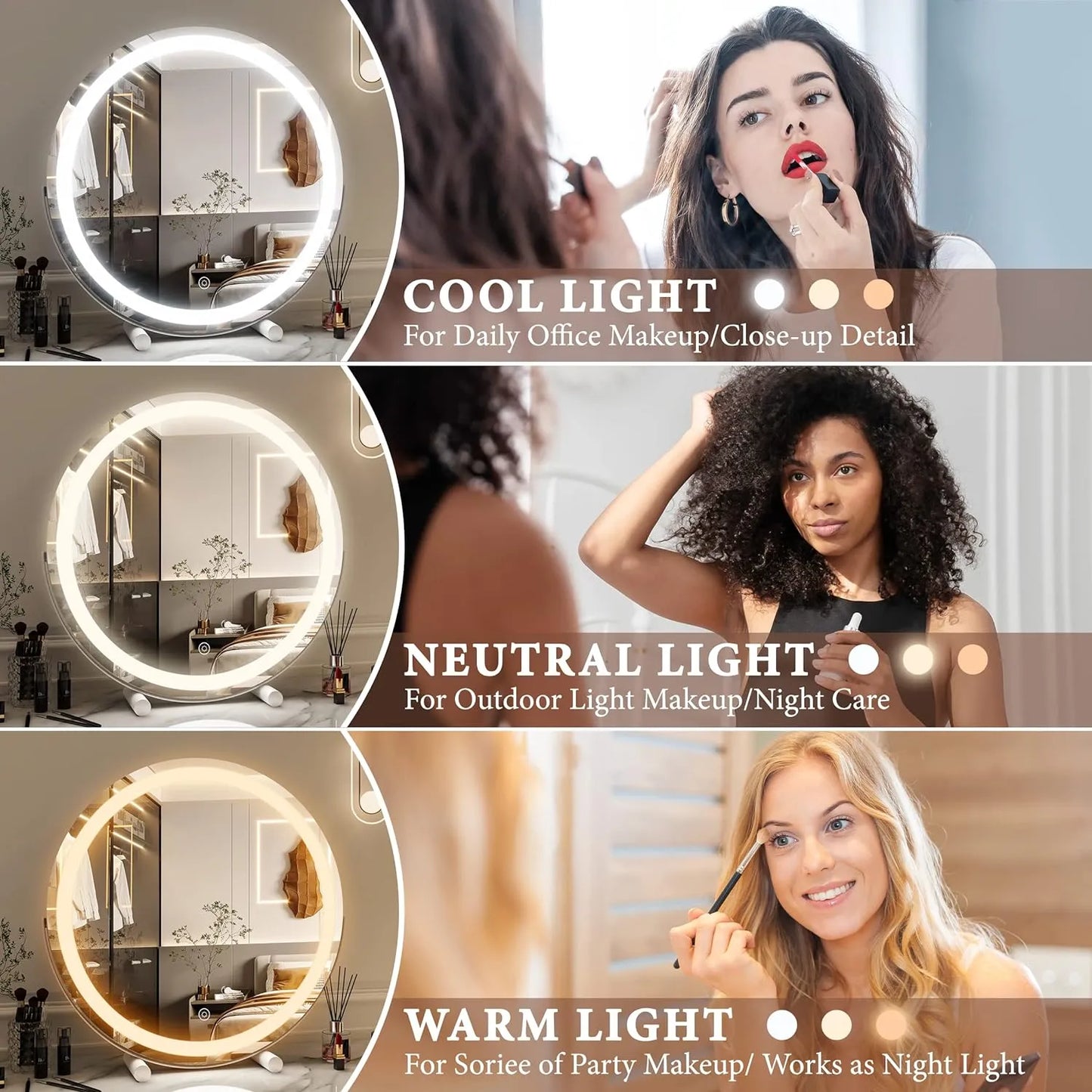 20" Round LED Vanity Mirror – Smart Touch, 3 Light Modes, 360° Rotation