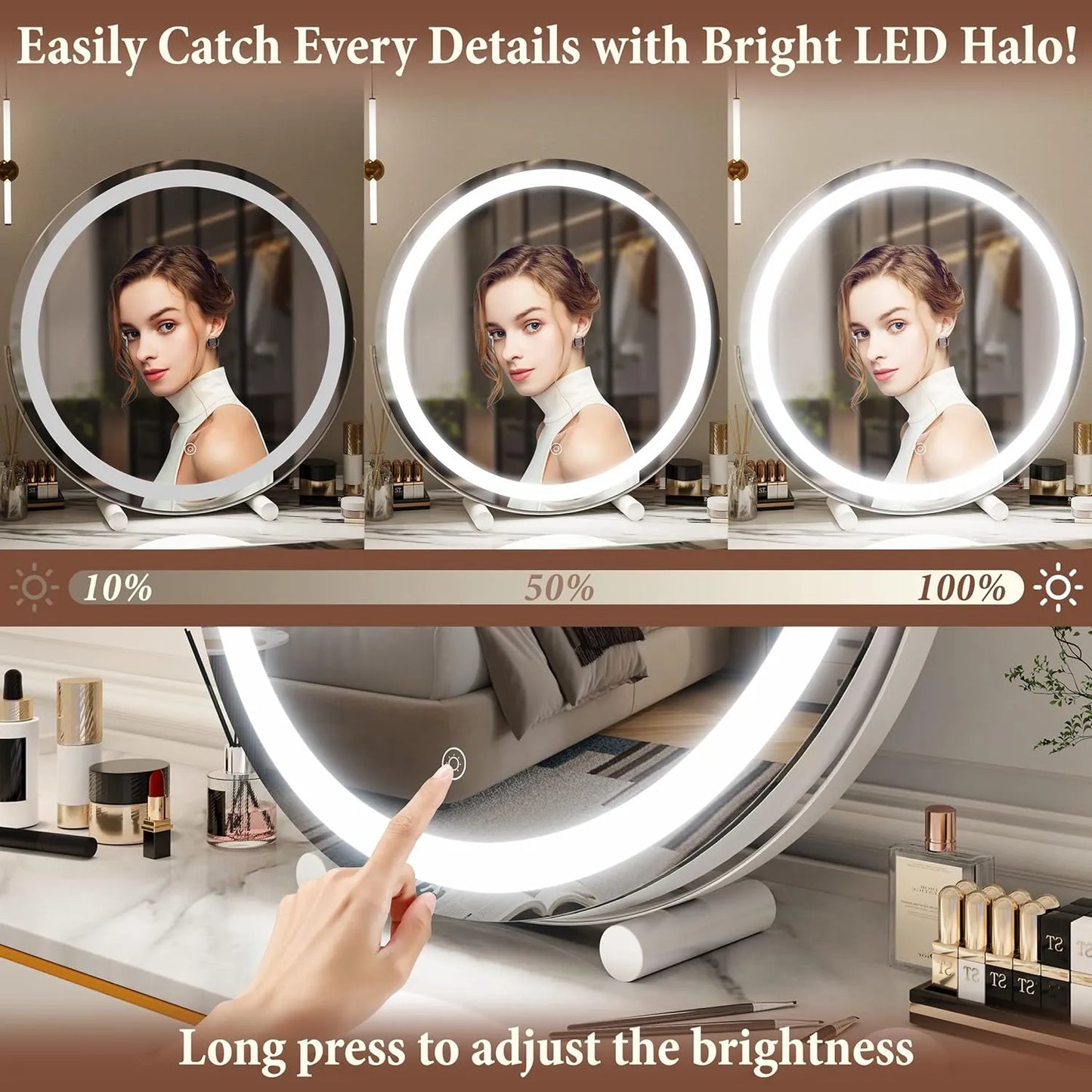 20" Round LED Vanity Mirror – Smart Touch, 3 Light Modes, 360° Rotation