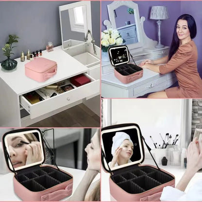 Foldable Makeup Bag with LED Mirror & Brush Organizer