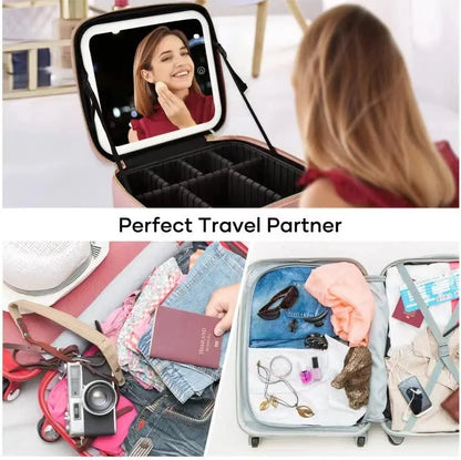 Foldable Makeup Bag with LED Mirror & Brush Organizer