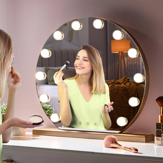 20" Round Hollywood Vanity Mirror with 12 LED Lights – 3 Light Modes, Smart Touch, Adjustable Brightness