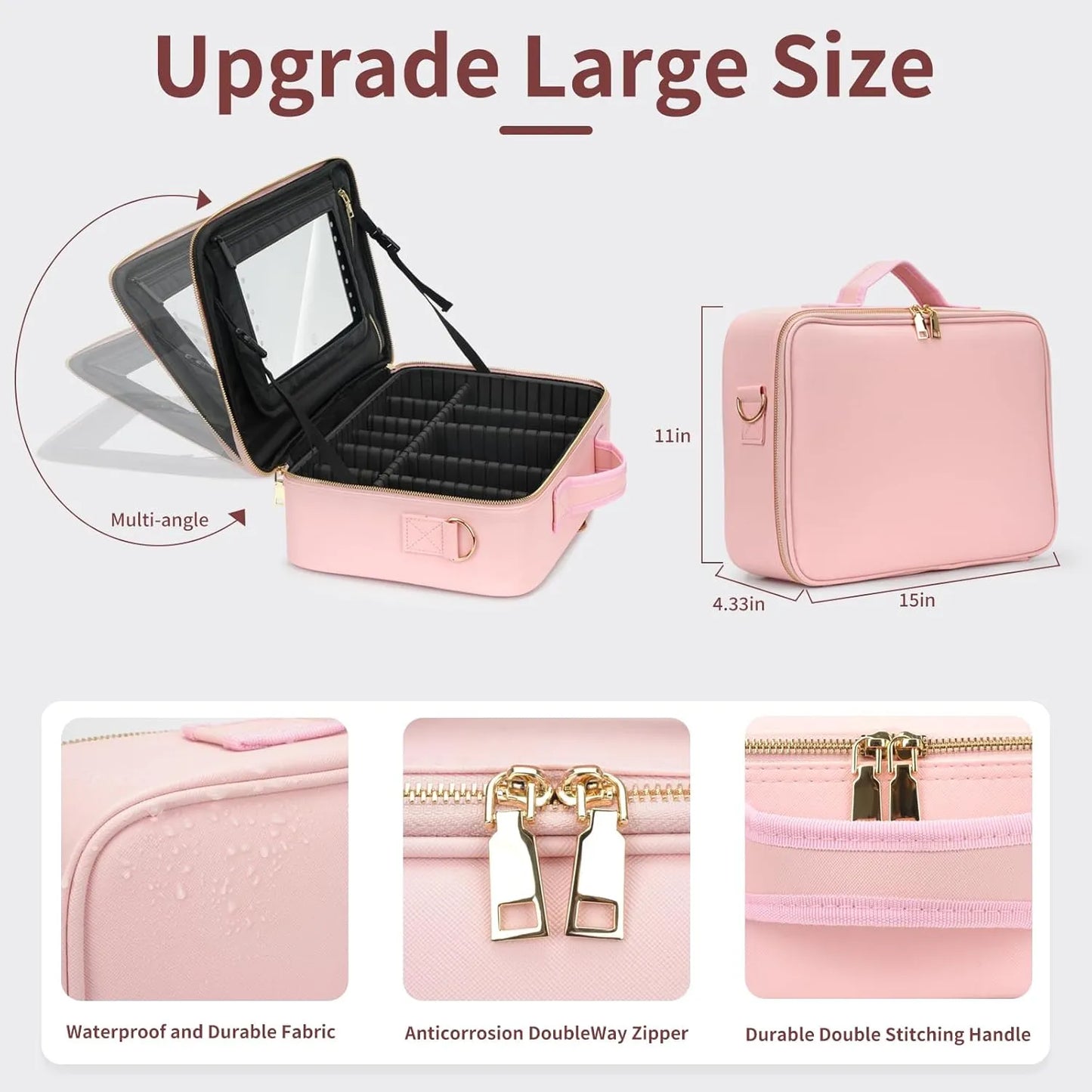 Foldable Makeup Bag with LED Mirror & Brush Organizer