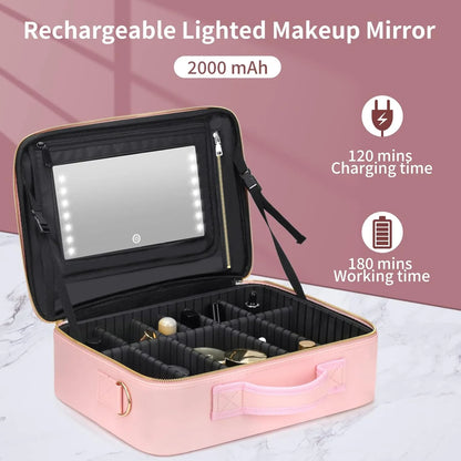 Foldable Makeup Bag with LED Mirror & Brush Organizer