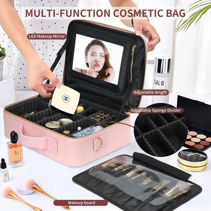 Foldable Makeup Bag with LED Mirror & Brush Organizer