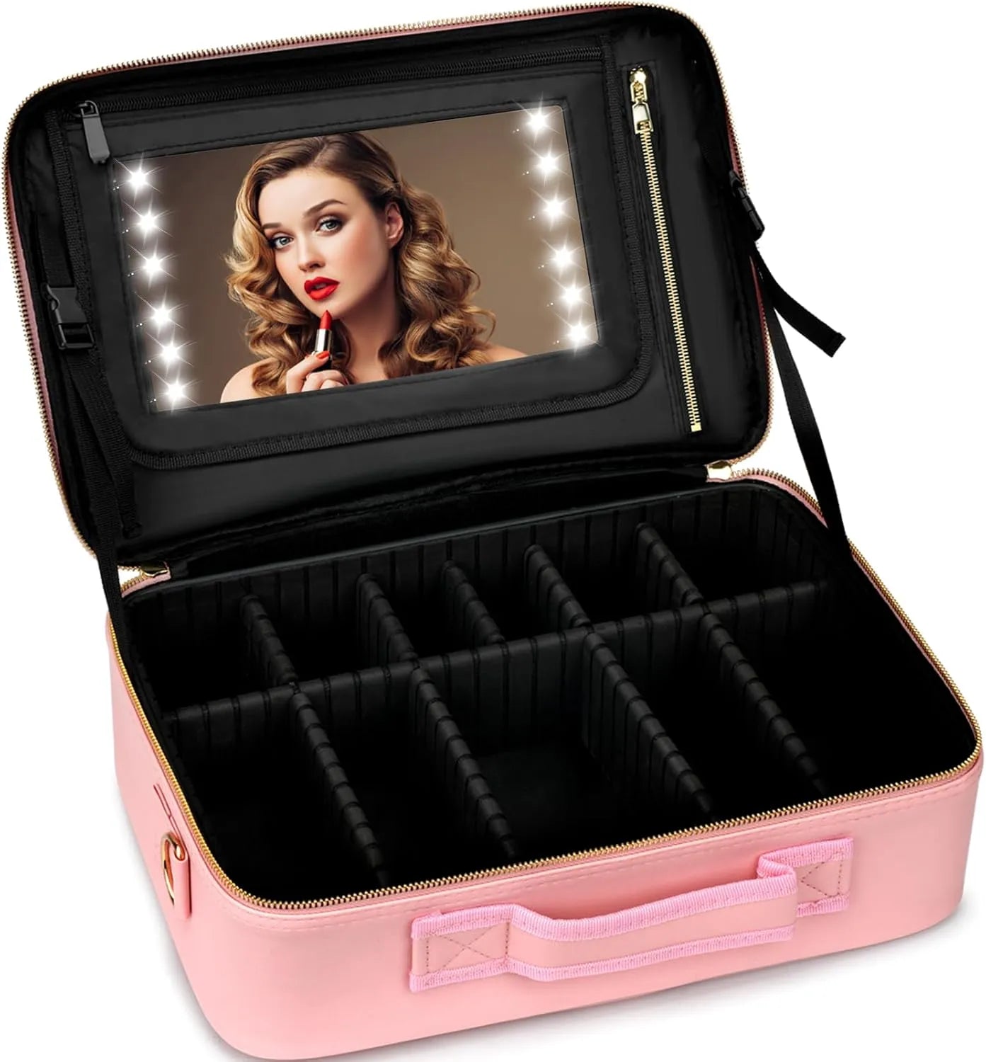 Foldable Makeup Bag with LED Mirror & Brush Organizer