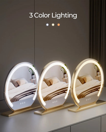 24" Round LED Makeup Vanity Mirror – 3 Light Modes, 360° Rotation, Adjustable Brightness