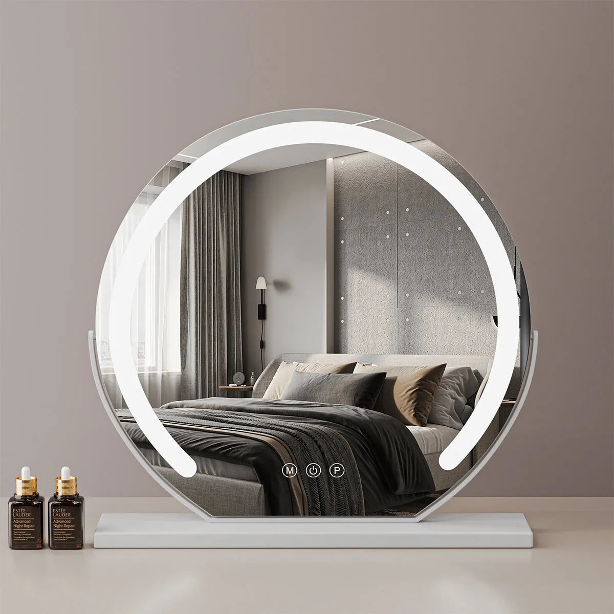 24" Round LED Makeup Vanity Mirror – 3 Light Modes, 360° Rotation, Adjustable Brightness