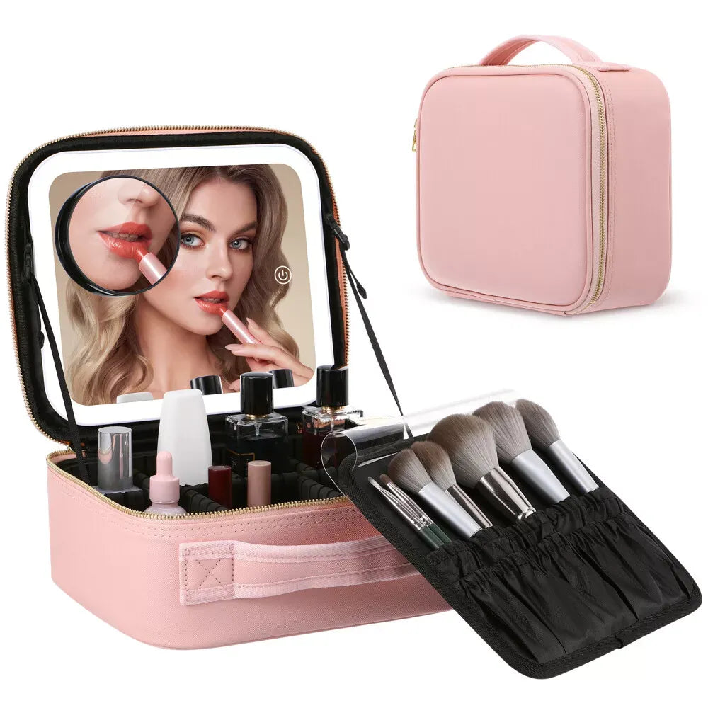 Foldable Makeup Bag with LED Mirror & Brush Organizer