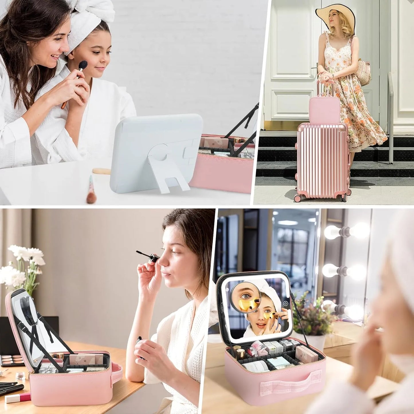 Foldable Makeup Bag with LED Mirror & Brush Organizer