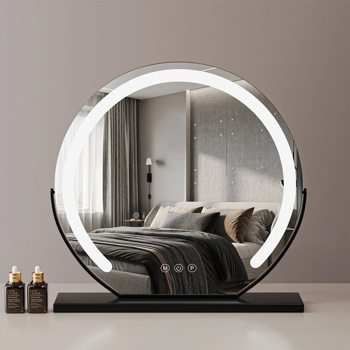 24" Round LED Makeup Vanity Mirror – 3 Light Modes, 360° Rotation, Adjustable Brightness