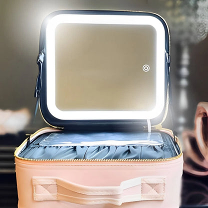 Foldable Makeup Bag with LED Mirror & Brush Organizer