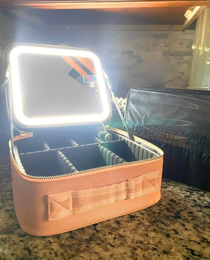 Foldable Makeup Bag with LED Mirror & Brush Organizer