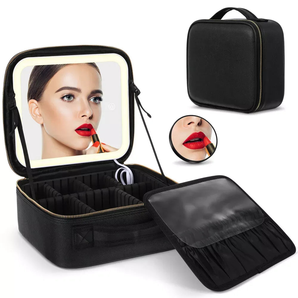 Foldable Makeup Bag with LED Mirror & Brush Organizer