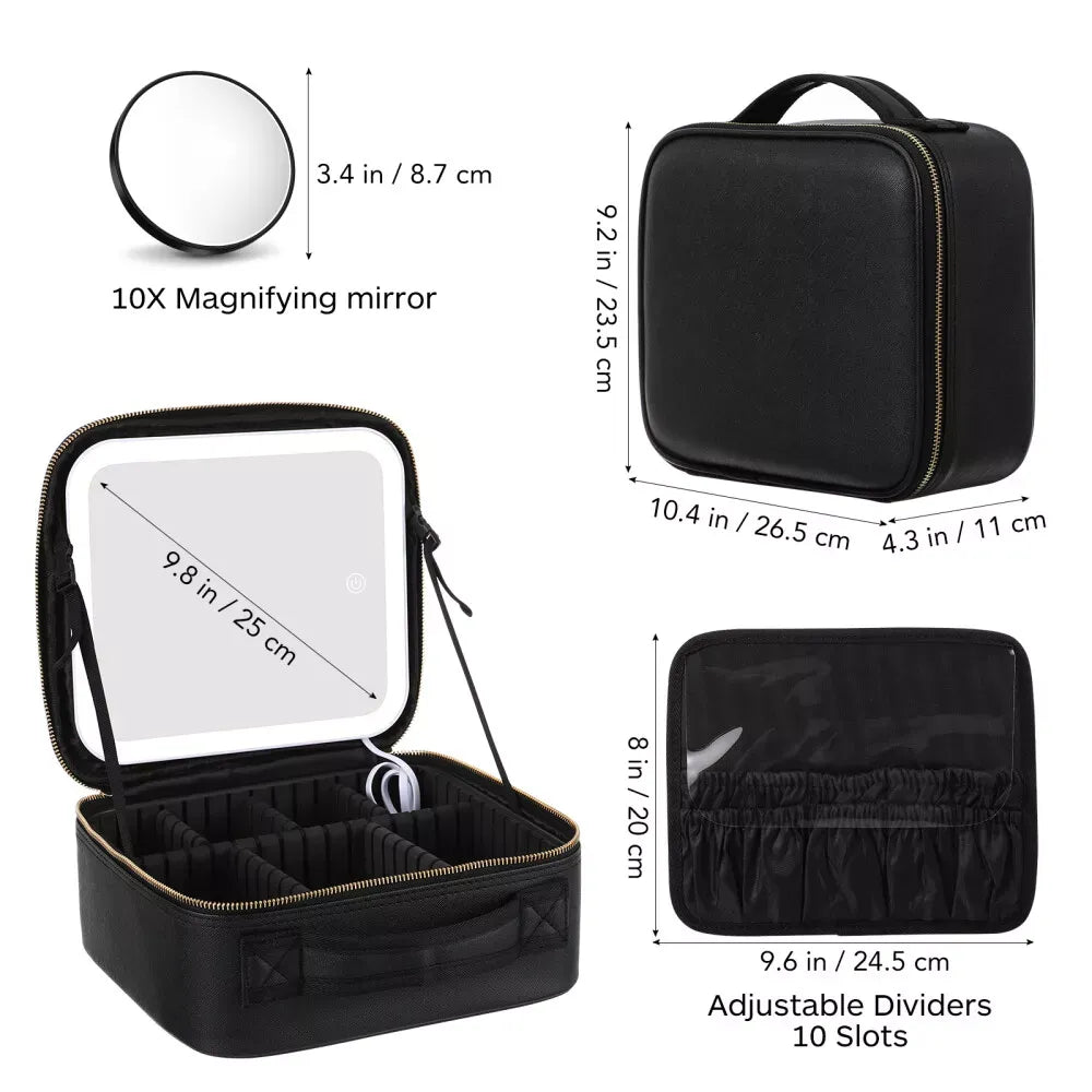 Foldable Makeup Bag with LED Mirror & Brush Organizer