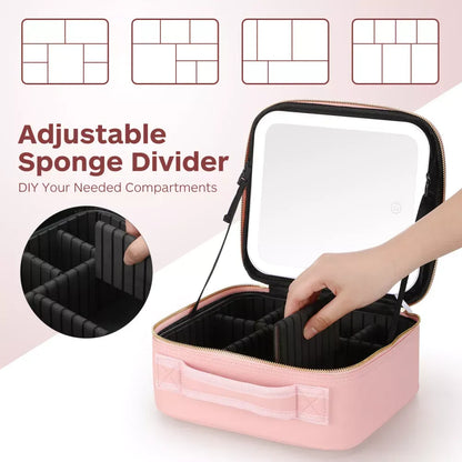 Foldable Makeup Bag with LED Mirror & Brush Organizer