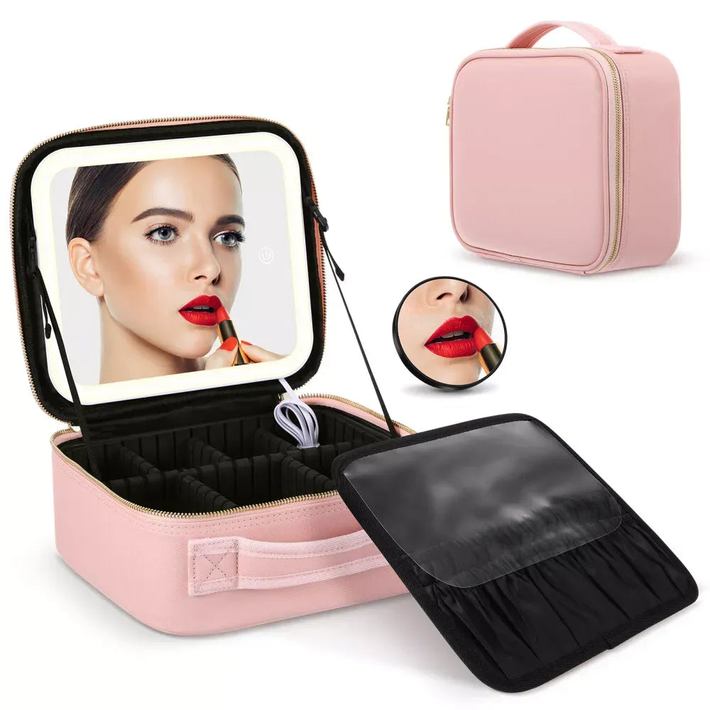 Foldable Makeup Bag with LED Mirror & Brush Organizer