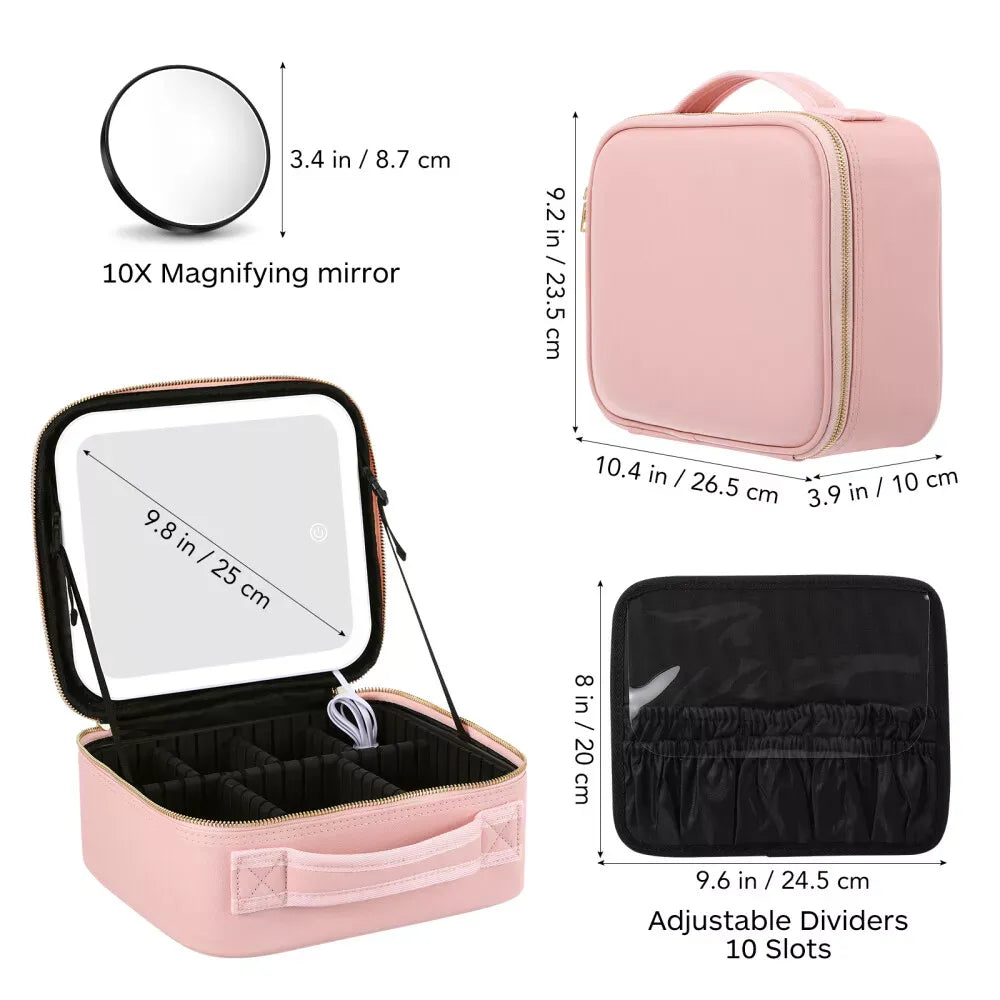 Foldable Makeup Bag with LED Mirror & Brush Organizer