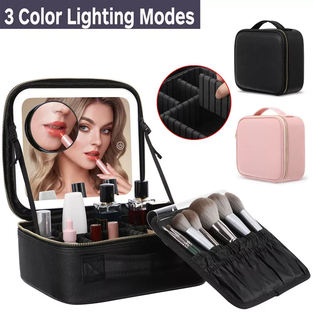 Foldable Makeup Bag with LED Mirror & Brush Organizer