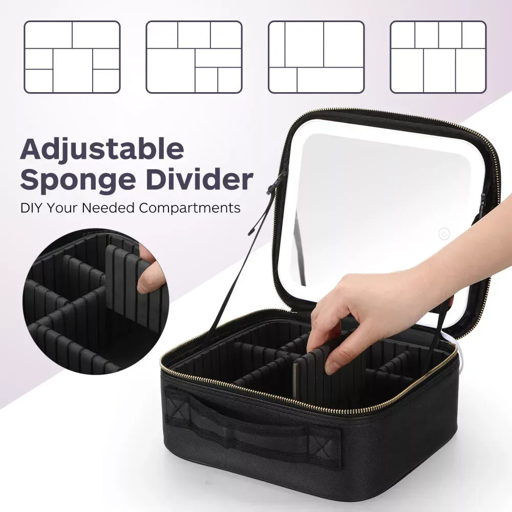 Foldable Makeup Bag with LED Mirror & Brush Organizer