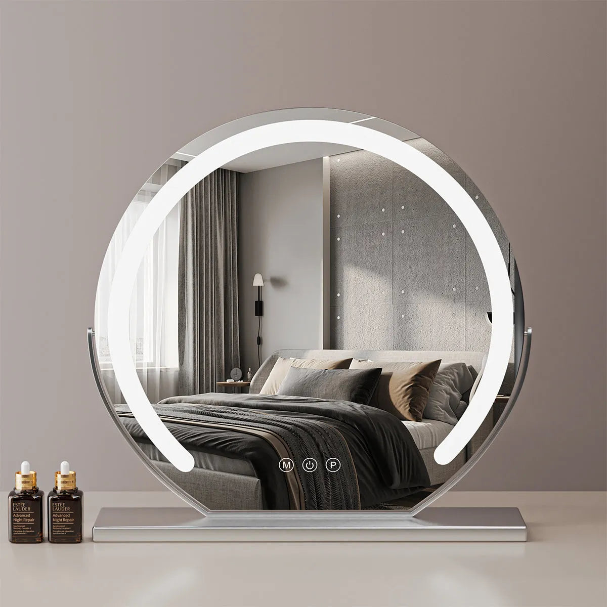 24" Round LED Makeup Vanity Mirror – 3 Light Modes, 360° Rotation, Adjustable Brightness